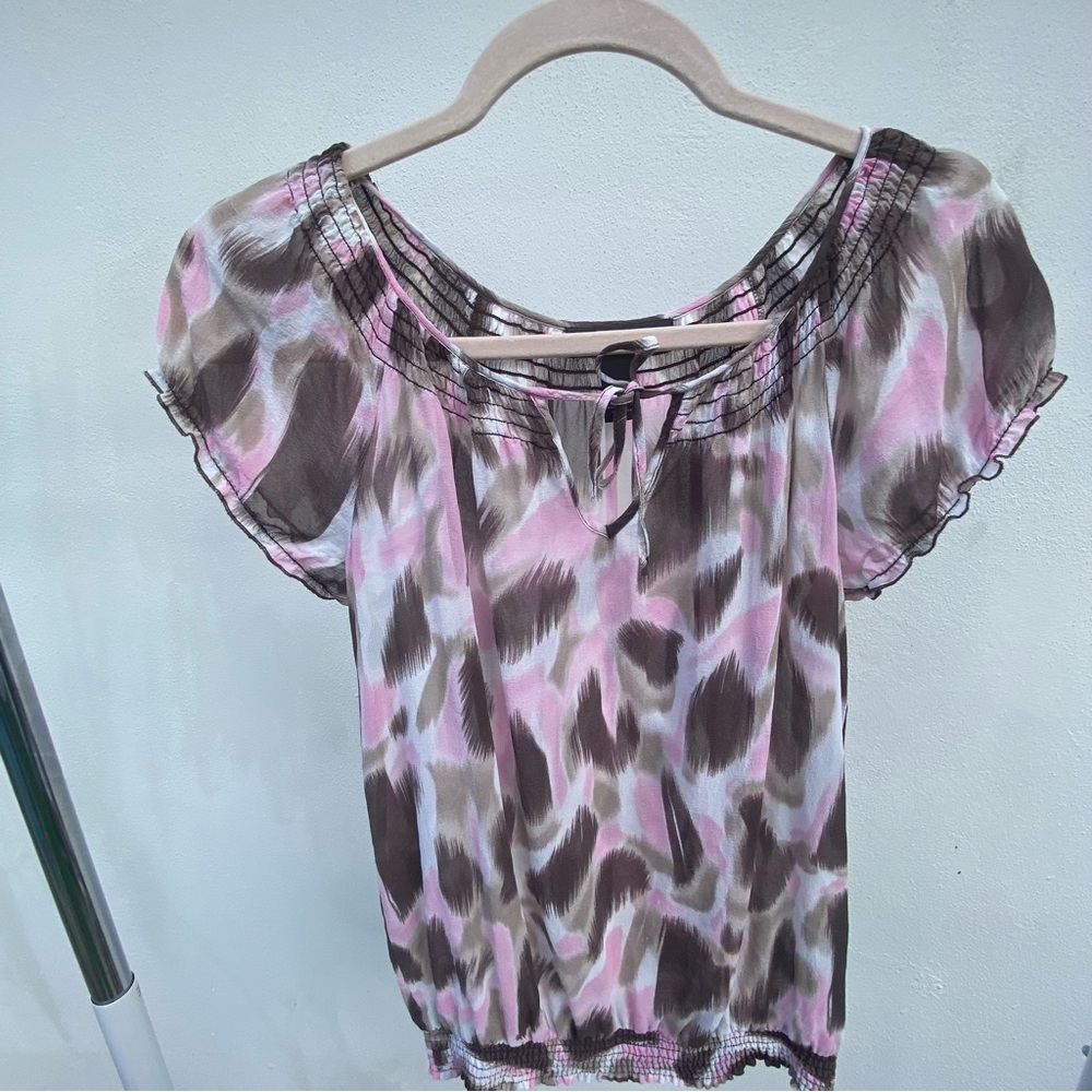 Y2K INC 100% Silk Pink & Brown Abstract Blouse Size 2